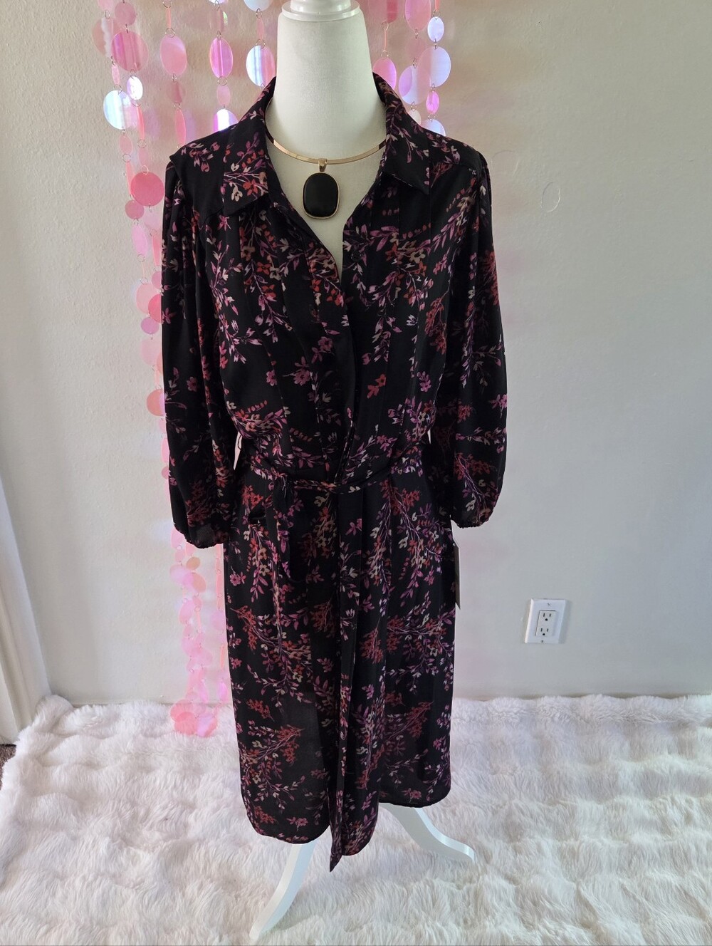 Nanette Lepore Black Dress with Pink Floral Print and Tie Waist